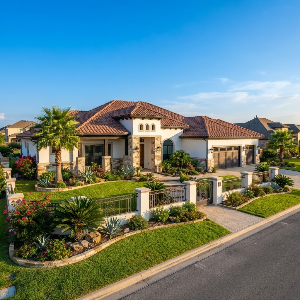 Beautiful stucco residential home built by Ortegon Construccion in South Texas